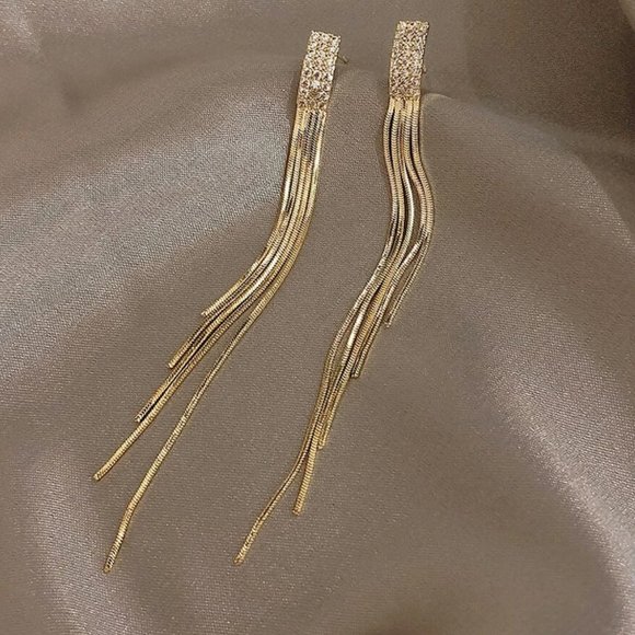 Jewelry - Rhinestone Tassel Earrings - Gold-tone CZ Diamond Earring Tassel Dangles
